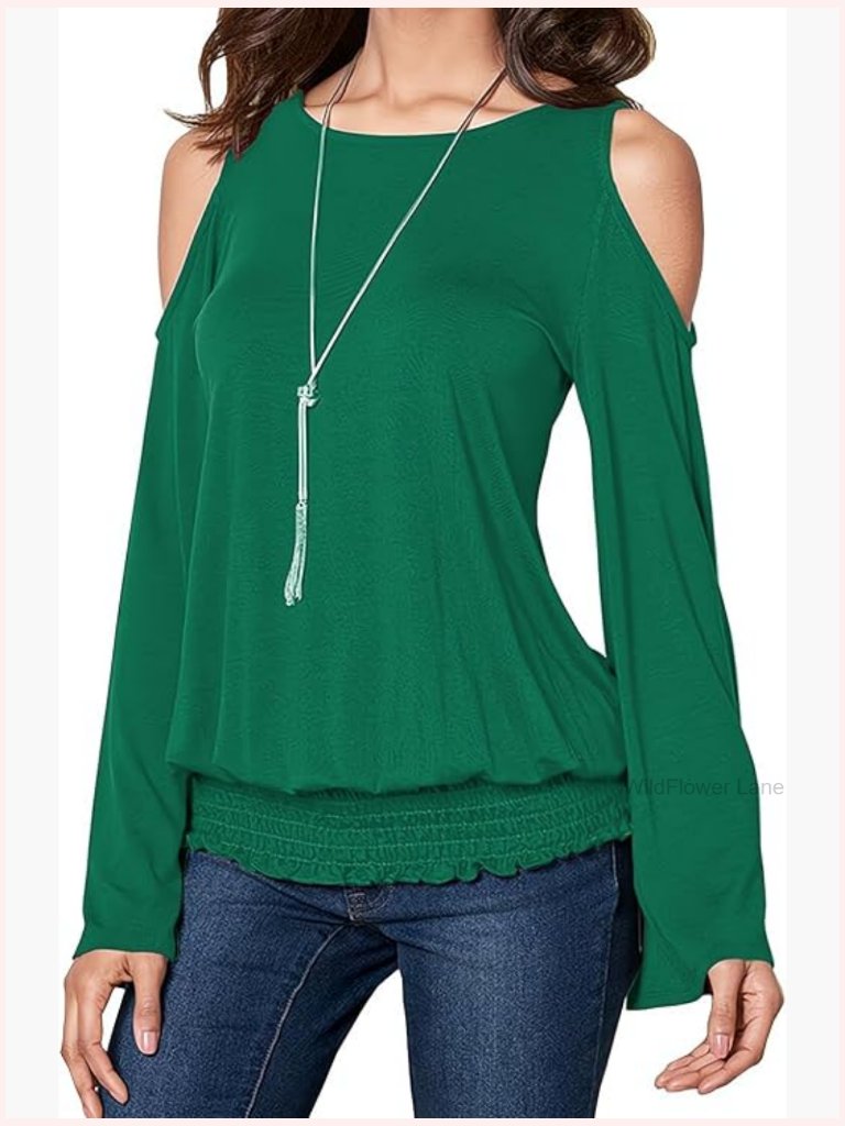 Cold Shoulder Bell Long Sleeve Top Scoop Neck Banded Bottom Blouse